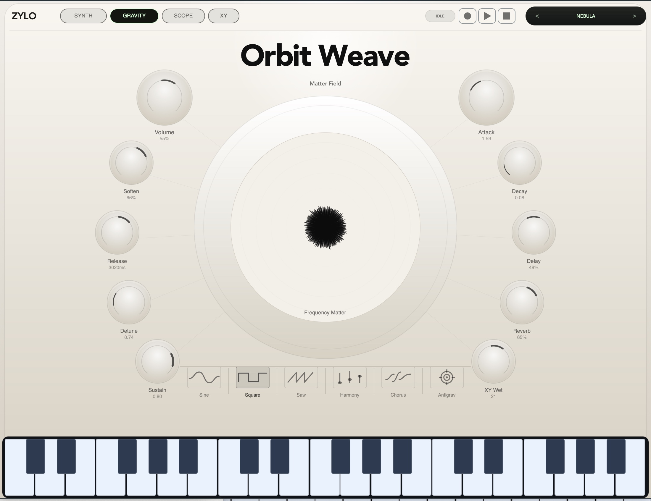 Orbit Weave gravity view with matter field, surrounding performance controls, character buttons, preset selector, transport, and keyboard